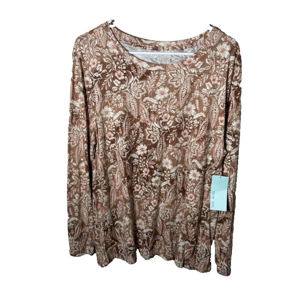 Blue Sol T-Shirt Women's XL Brown Floral Round Neck Long Sleeve Top Shirt NWT